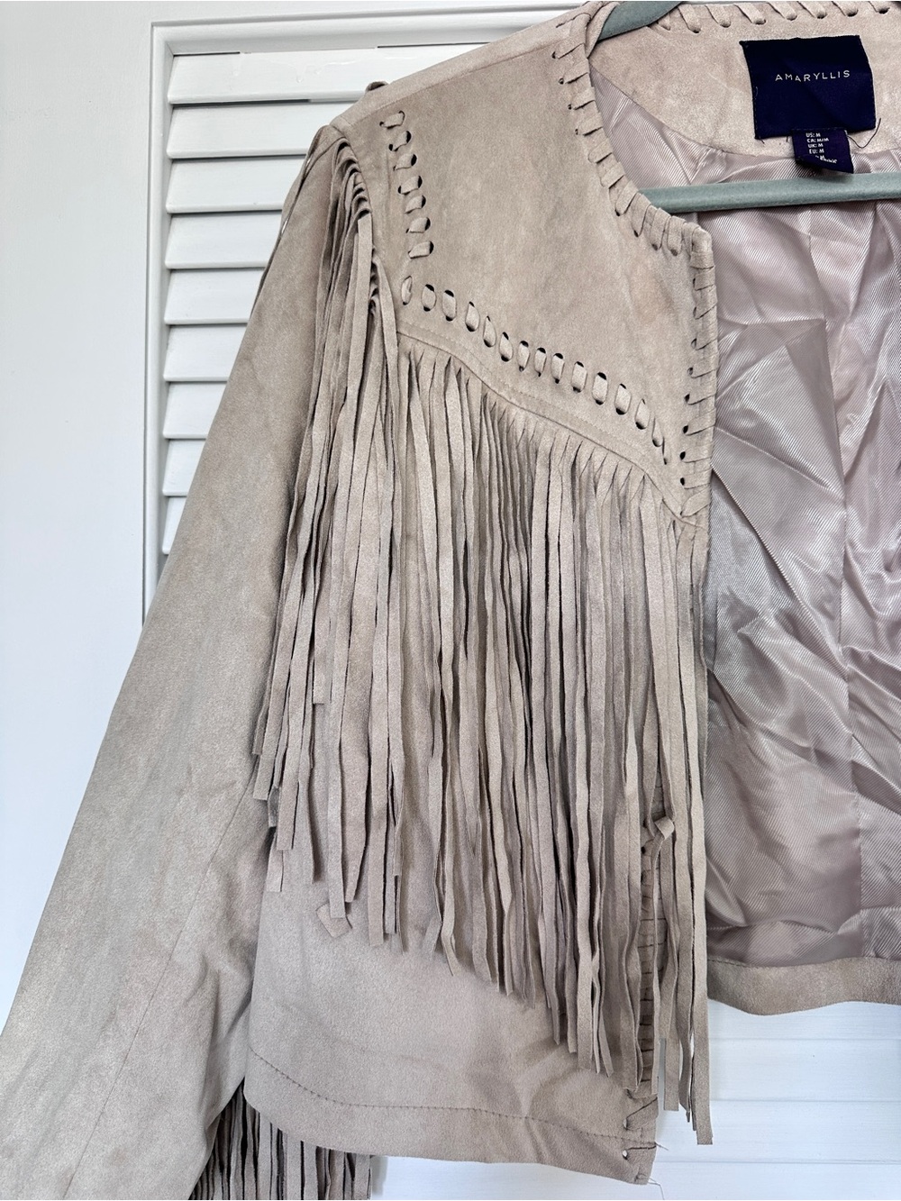 Amaryllis Faux Suede Fringe Jacket Boho Western Open Front Taupe M - Picture 3 of 13
